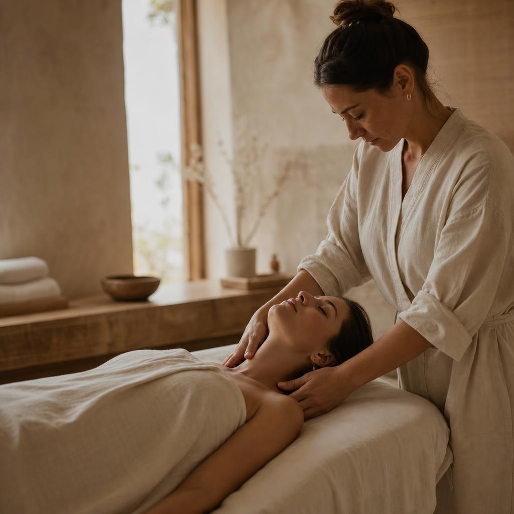 woman lying back receiving gentle neck and shoulder bodywork in a warm linen-draped studio