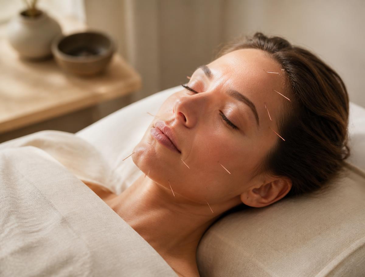 calm cosmetic facial acupuncture treatment in warm natural light