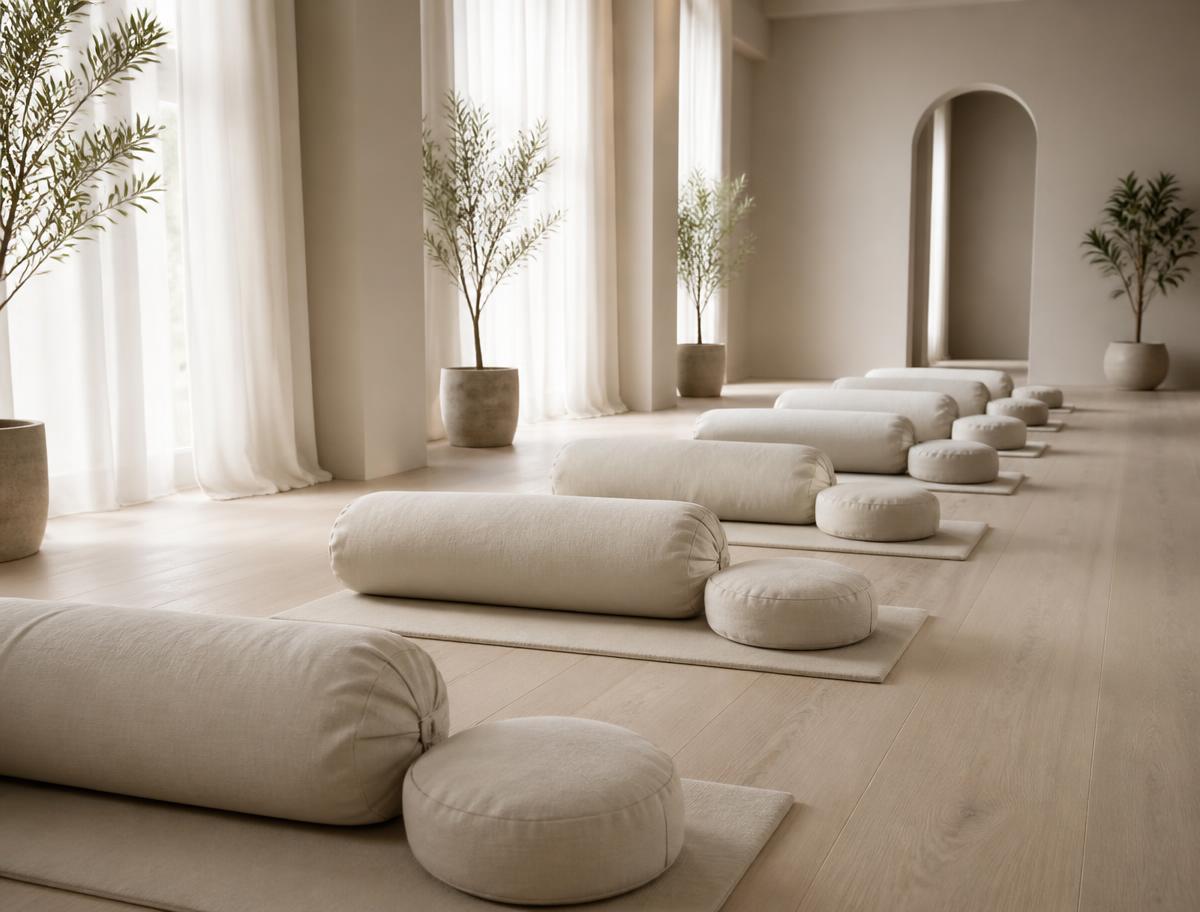 empty restorative movement studio with linen bolsters and cushions